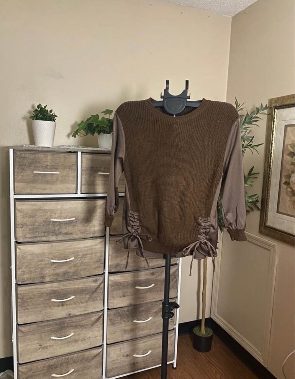 A.Z.I Brown Knit Sweater Blouse w/ Satin Sleeves & Tie Detail | Women’s XS